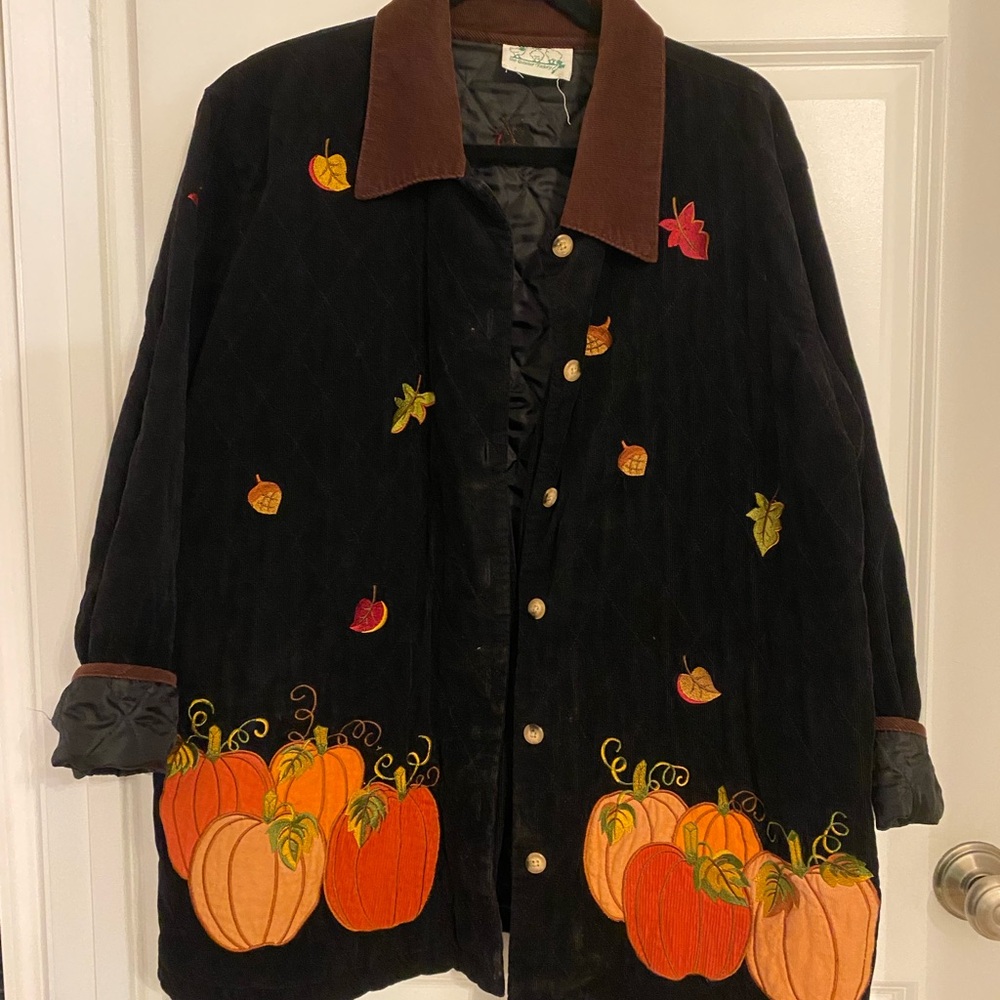 Quacker Factory Black Quilted Jacket with Pumpkin Embroidery
